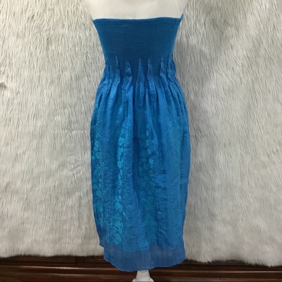 Anthropologie lapis blue gauze crinkle floral elastic summer dress one s… - Picture 4 of 6